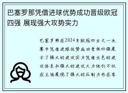 巴塞罗那凭借进球优势成功晋级欧冠四强 展现强大攻势实力