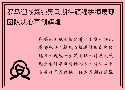 罗马迎战霧钝黑马期待顽强拼搏展现团队决心再创辉煌
