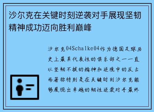 沙尔克在关键时刻逆袭对手展现坚韧精神成功迈向胜利巅峰 沙尔克在关键时刻逆袭对手展现坚韧精神成功迈向胜利巅峰